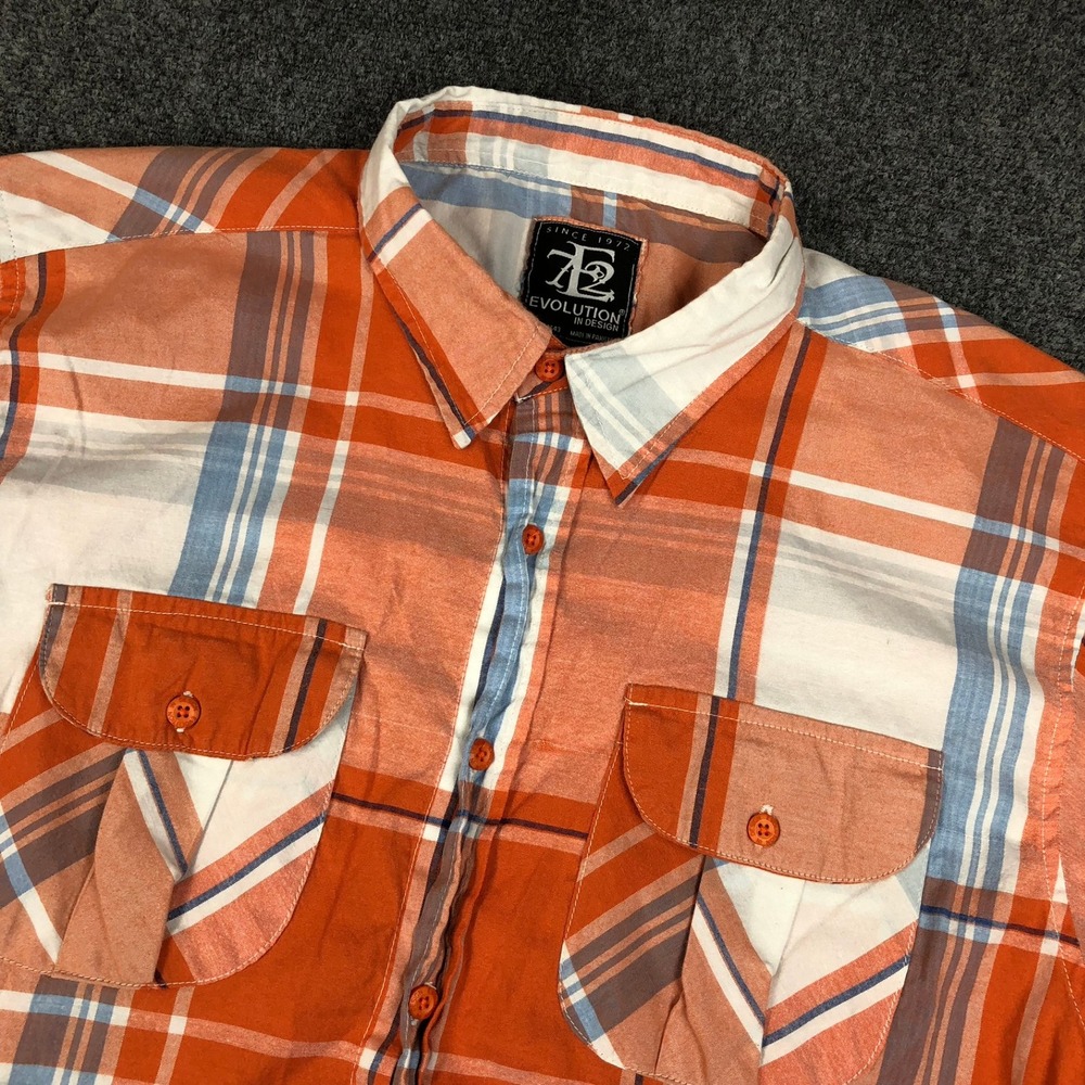 Evolution In Design Mens 2XL‎ Orange Blue Plaid Short Sleeve Button Down Shirt